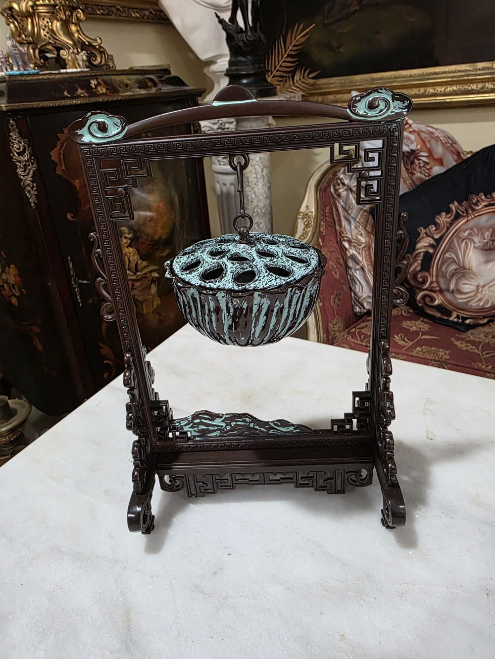 Antique-Style Bronze Finish Hanging Lotus Incense Burner - Turquoise Accents